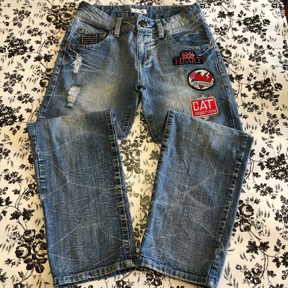 Colza Jeans Mid Rise Patches Streetwear Distressed Blue Womens Size 30